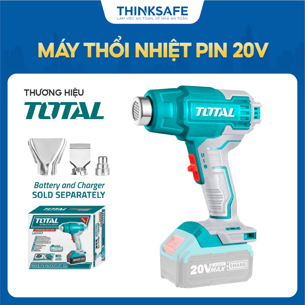 Máy thổi nhiệt dùng pin 20V Total, Máy khò nhiệt độ 300/550°C, Kèm 3 vòi thổi, phân phối chính hãng - Thinksafe