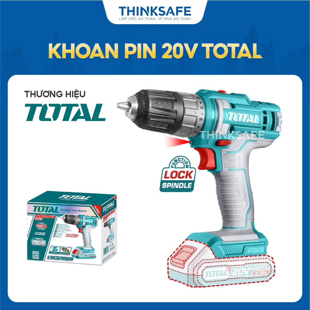 Máy khoan pin Total 20V, Mô-men xoắn 45Nm & 60Nm Khả năng khoan 0.8-13mm, Khóa trục chính máy khoan cầm tay - Thinksafe