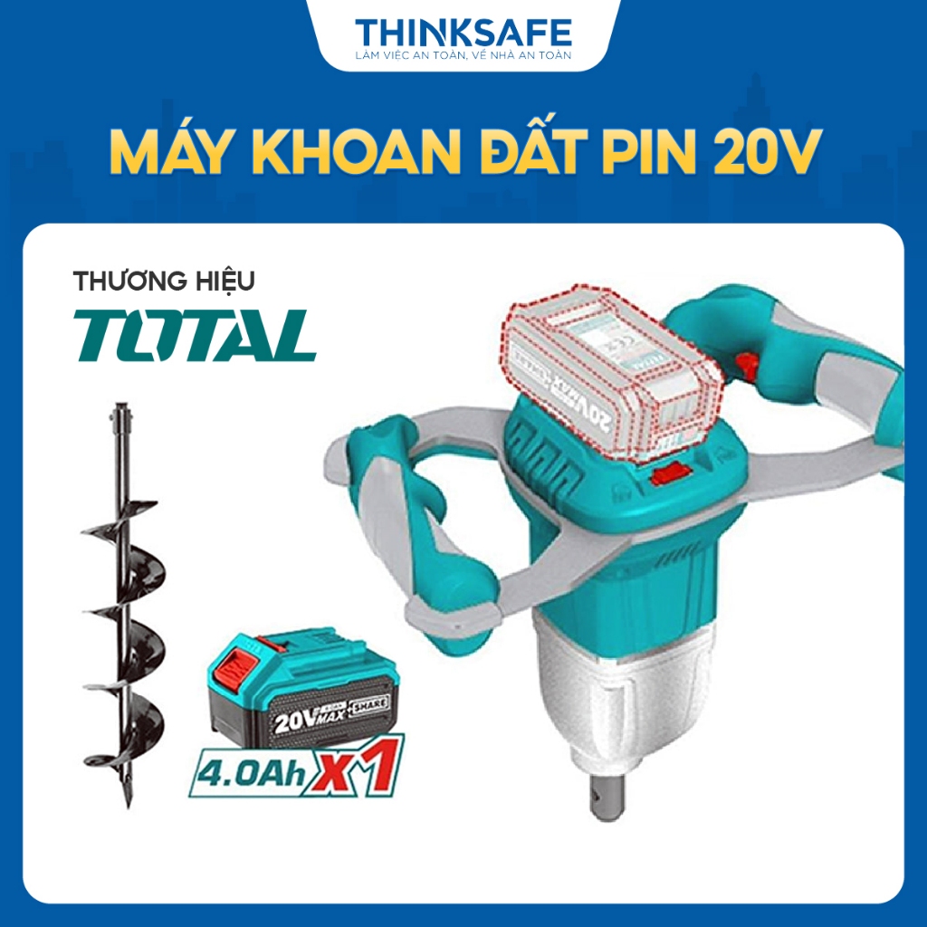 Máy khoan đất không chổi than dùng pin 20V TOTAL, TEALI208011, Máy khoan cầm tay, tốc độ không tải 0-125rpm - Thinksafe