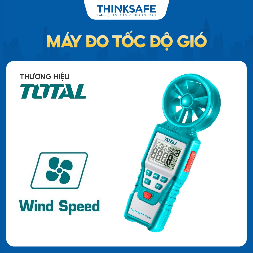 Máy đo tốc độ gió kỹ thuật số Total TETAN01 chức năng đèn nền, dùng pin AA độ phân giải 0,01 lưu trữ dữ liệu - Thinksafe