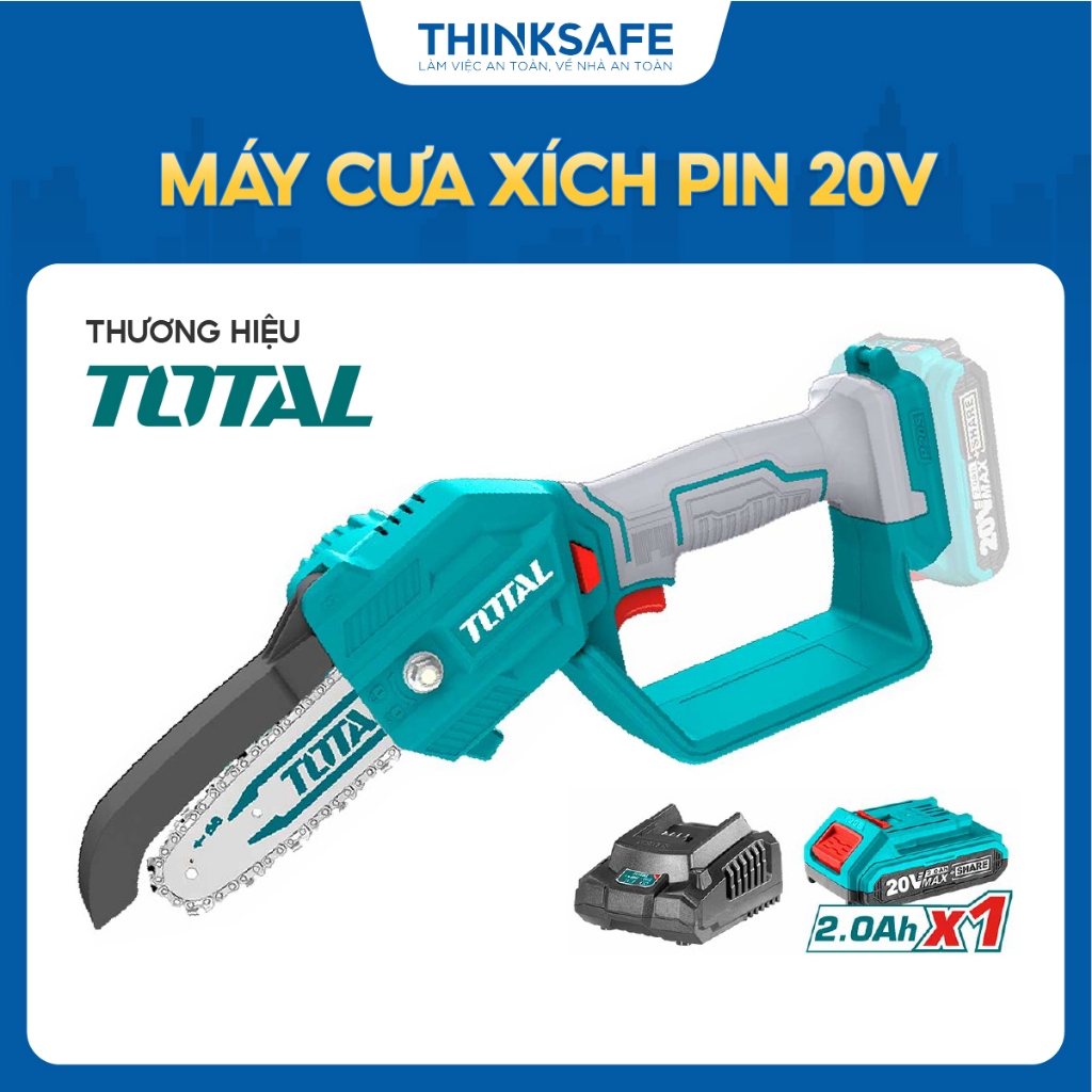 Máy cưa xích dùng pin 20V TOTAL, lam cưa 5 inch, tốc độ xích 5m/s, Máy cưa cầm tay phân phối chính hãng - Thinksafe