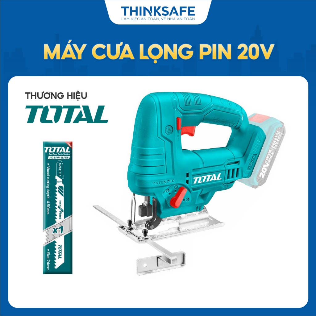 Máy cưa lọng dùng pin 20V Total, tốc độ không tải 2400rpm, cưa gỗ 65mm và kim loại 8mm, phân phối chính hãng - Thinksafe