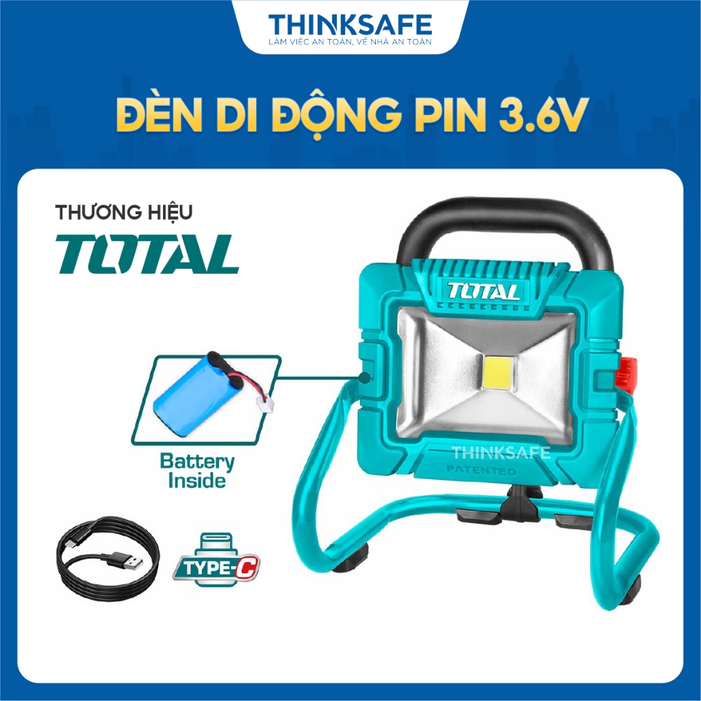 Đèn di động tích hợp dùng pin 3.6V Total TRLF4415 Kèm pin 5000mAh và sạc Type C, Đèn pin siêu sáng chính hãng- Thinksafe