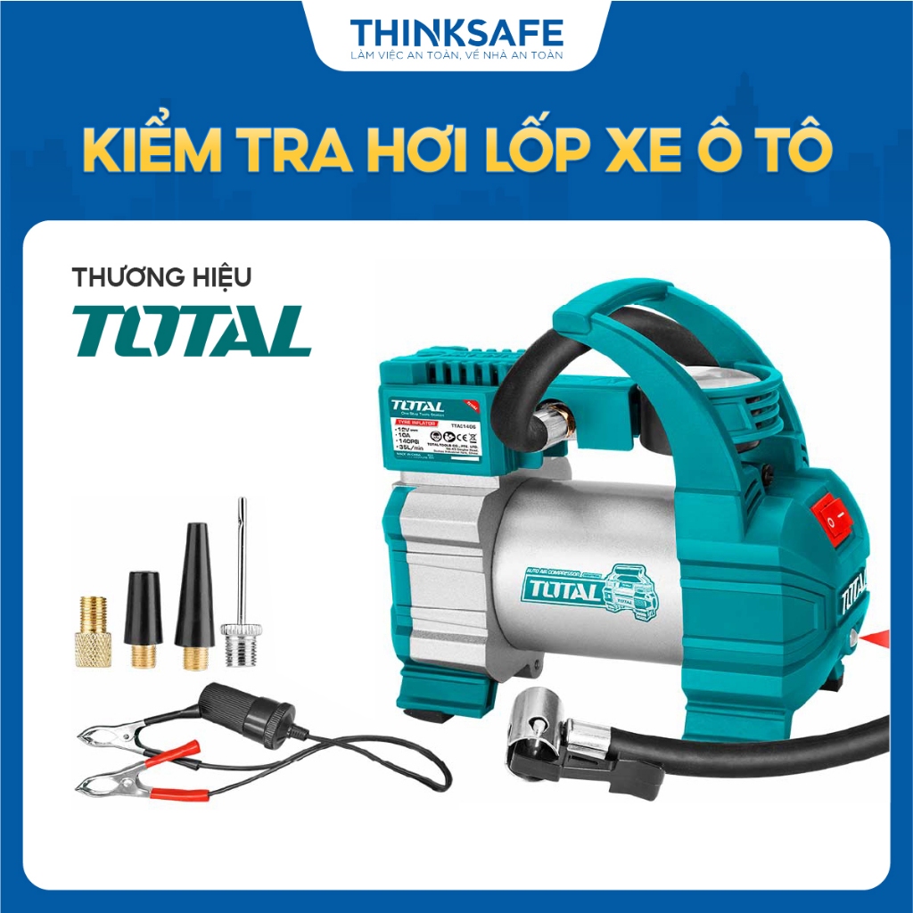 Dụng Cụ Kiểm Tra Hơi Lốp Xe ô tô Total 12V TTAC1406, dây nguồn 3M tiện lợi, 1 pin kẹp và 4 vòi phun- Thinksafe