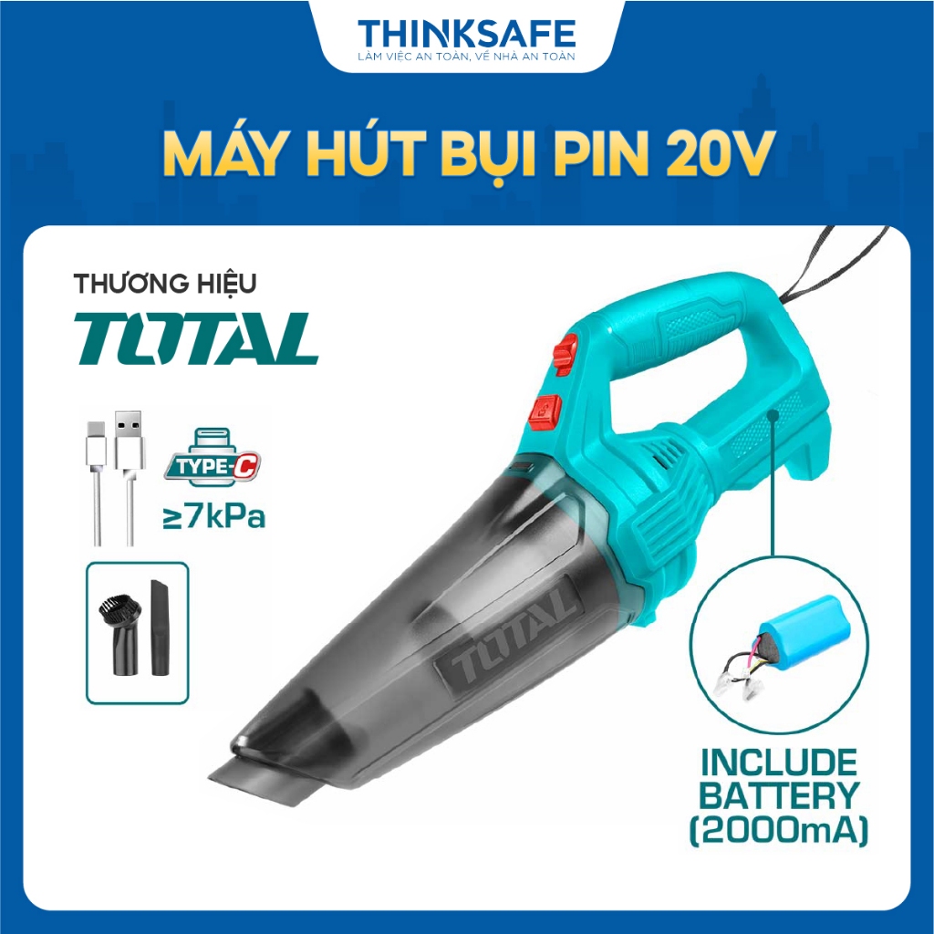 Máy hút bụi 0.5L dùng pin Lithium 20V Total, sạc USB type-C, dung tích chứa bụi 0,5L, phân phối chính hãng Thinksafe