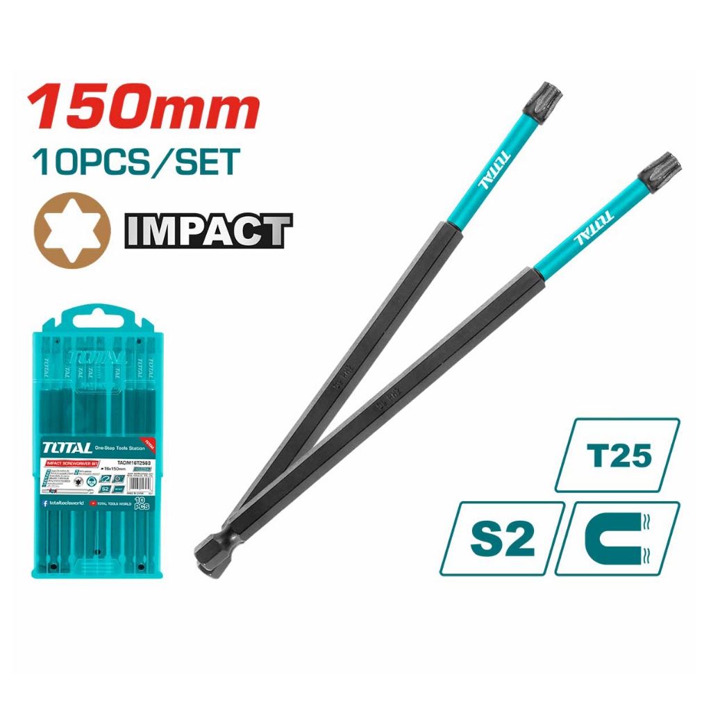 Bộ 10 mũi bắt vít lục giác sao T25 Total dài 150mm-250mm, chất liệu thép công nghiệp S2, Mũi bắn vít từ tính - Thinksafe