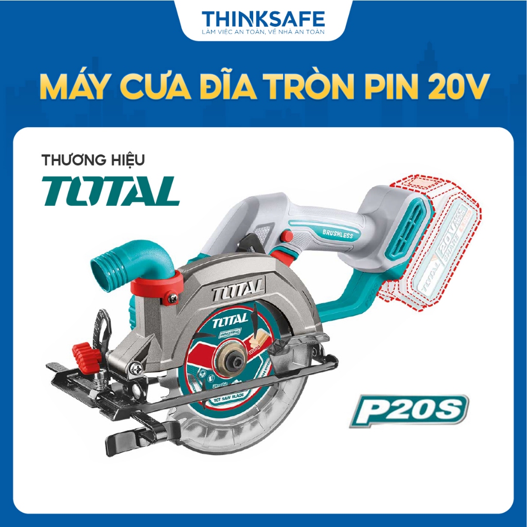 Máy cưa đĩa tròn dùng pin 20V Total, lưỡi cưa 140mm, tốc độ không tải 6300rpm, đường kính 140mm, chính hãng - Thinksafe