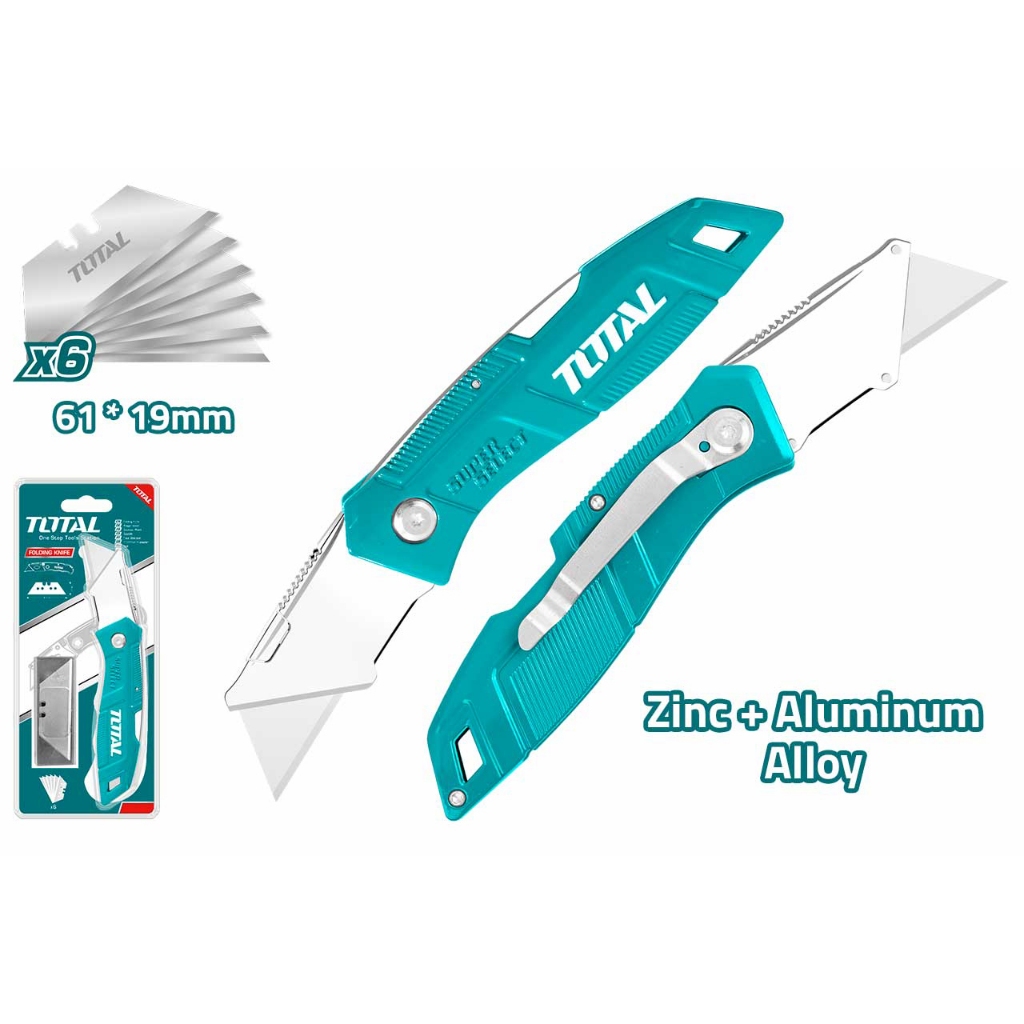 Dao rọc xếp Total THT5136236 kích thước lưỡi 61x19mm tay cầm hợp kim nhôm  kèm 5 lưỡi, chính hãng - Thinksafe