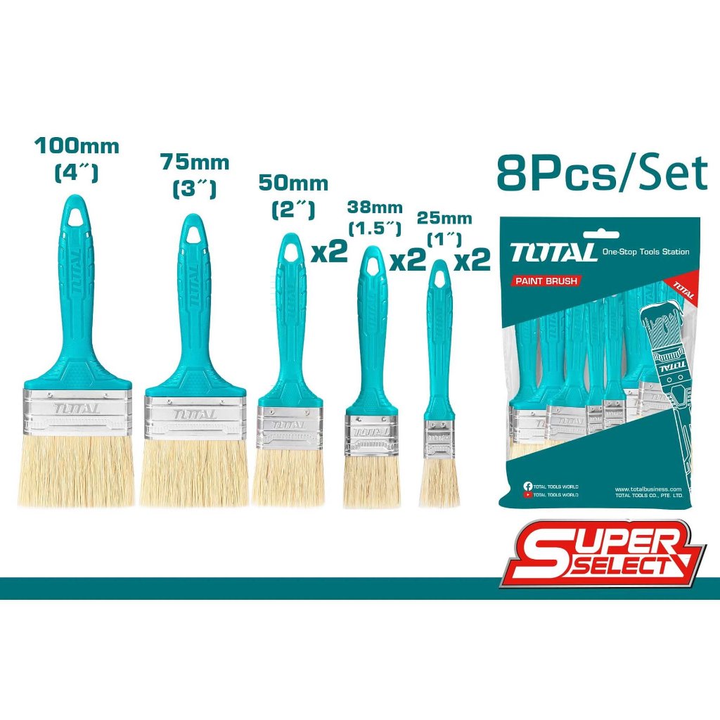Bộ 8 cọ sơn dầu TOTAL THT8450801 2 cọ 1inch, 2 cọ 1.5inch, 2 cọ 2inch, 1 cọ 3inch, 1 cọ 4inch, tay cầm nhựa Thinksafe