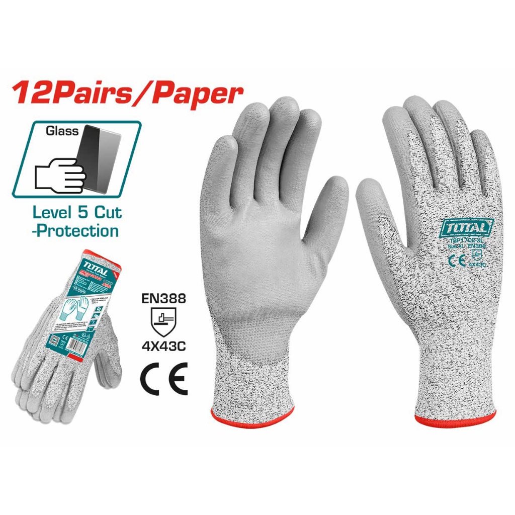 Găng tay chống cắt TOTAL TSP1702-XL cấp độ 5, Lòng bàn tay phủ PU, Vỏ HPPE, chống mài mòn, chống tĩnh điện - Thinksafe