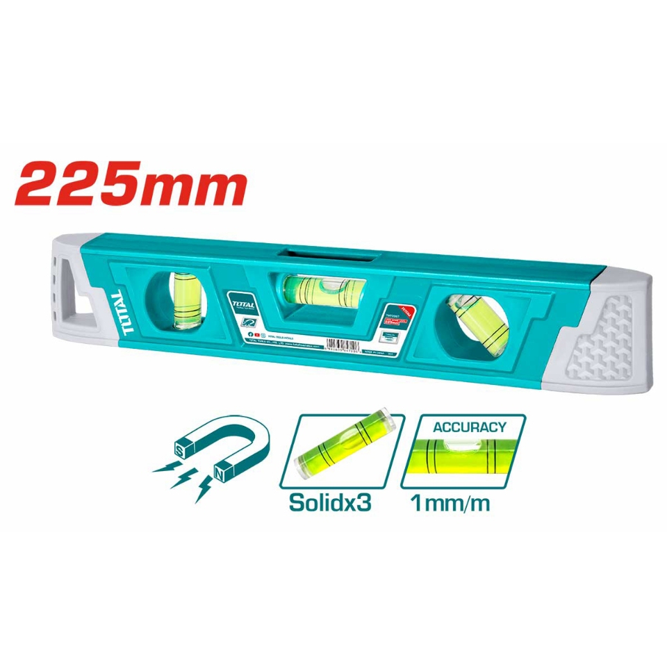Thước thủy tinh Mini TOTAL TMT2267 chiều dài 225mm, có nam châm hút, 3 mực thủy ngân, nhựa ABS chất lượng cao-Thinksafe