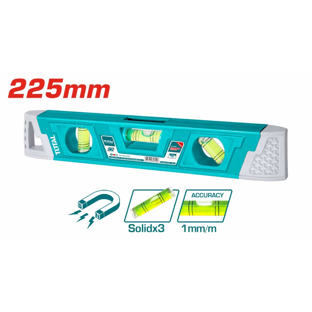 Thước thủy tinh Mini TOTAL TMT2267 chiều dài 225mm, có nam châm hút, 3 mực thủy ngân, nhựa ABS chất lượng cao-Thinksafe