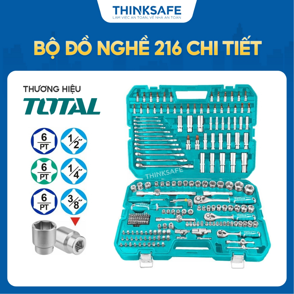 Bộ đồ nghề cầm tay 216 chi tiết TOTAL, dụng cụ cầm tay đa năng, bộ dụng cụ sửa xe máy gồm đầu tuýp, mũi vít - Thinksafe