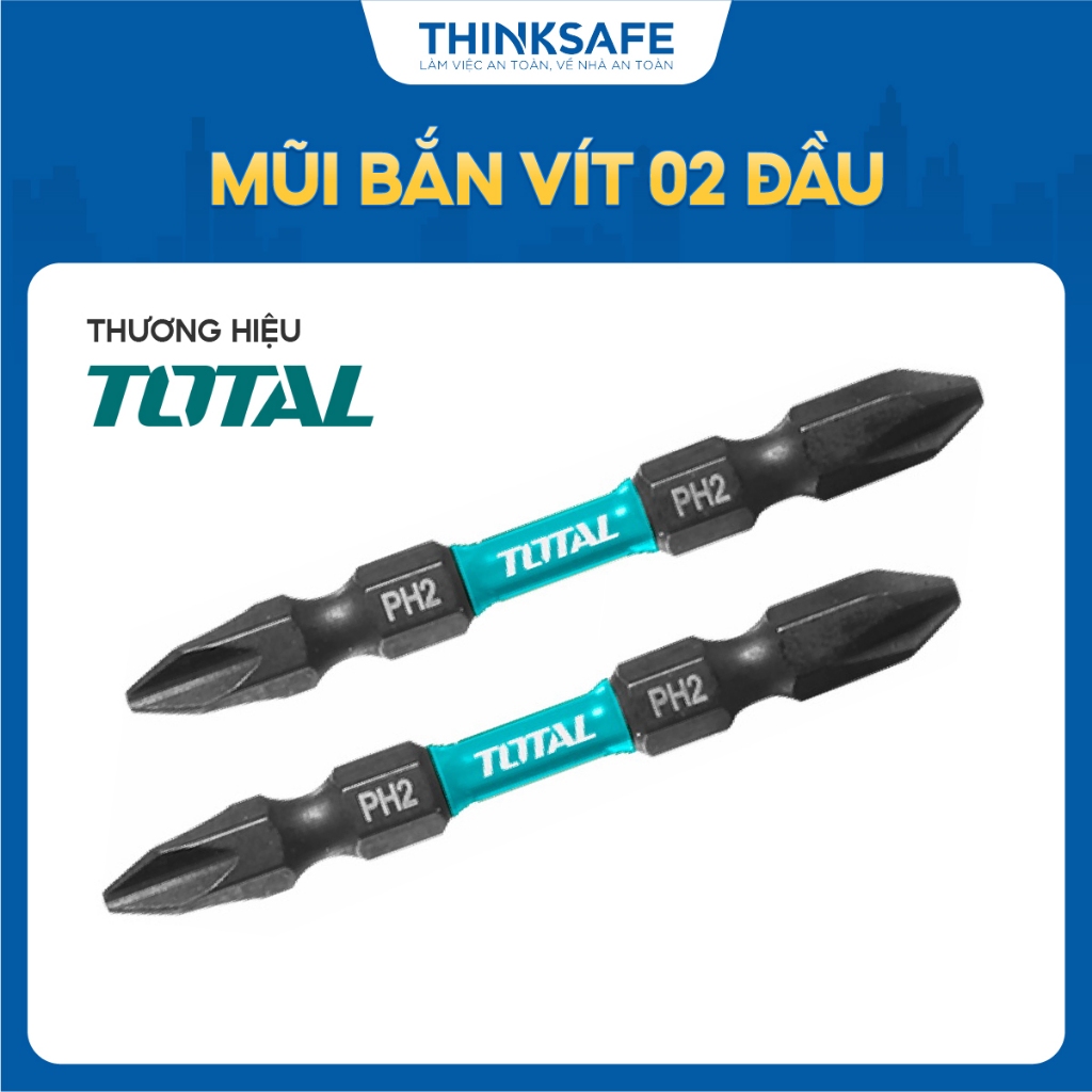 Bộ 2 mũi bắt vít có từ Total kích thước PH2+PH2 dài 65mm, mũi siết vít 2 đầu, Thép công nghiệp S2, bề mặt đen -Thinksafe