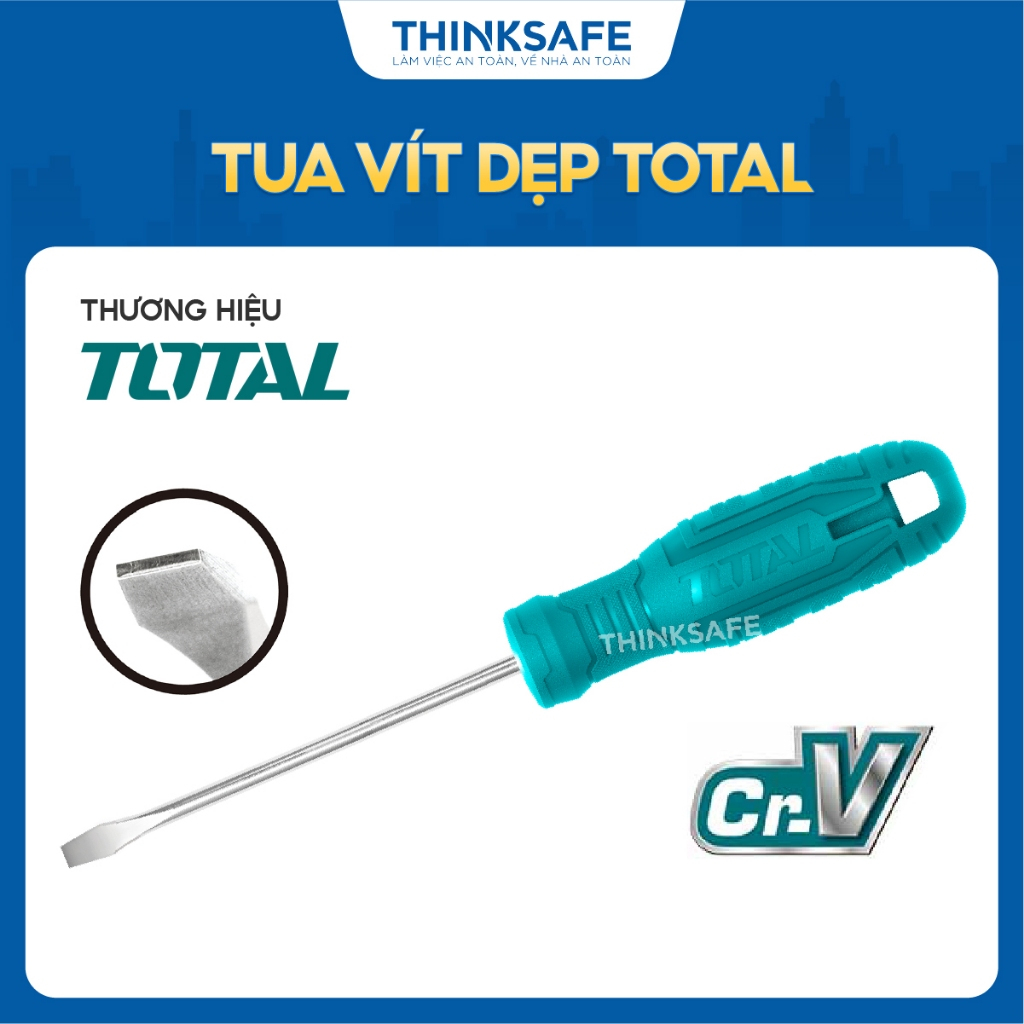 Tua vít dẹp Total Cán nhựa dài 100mm-150mm, Chất liệu thép 40Cr, Đuôi tròn chất lượng cao, Tô Vít chính hãng - Thinksafe