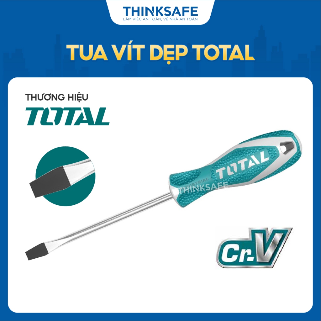 Tua vít dẹp Total Cán cao su dài 75mm-150mm, chất liệu thép CRV, đuôi tròn chất lượng cao, Tô Vít chính hãng - Thinksafe