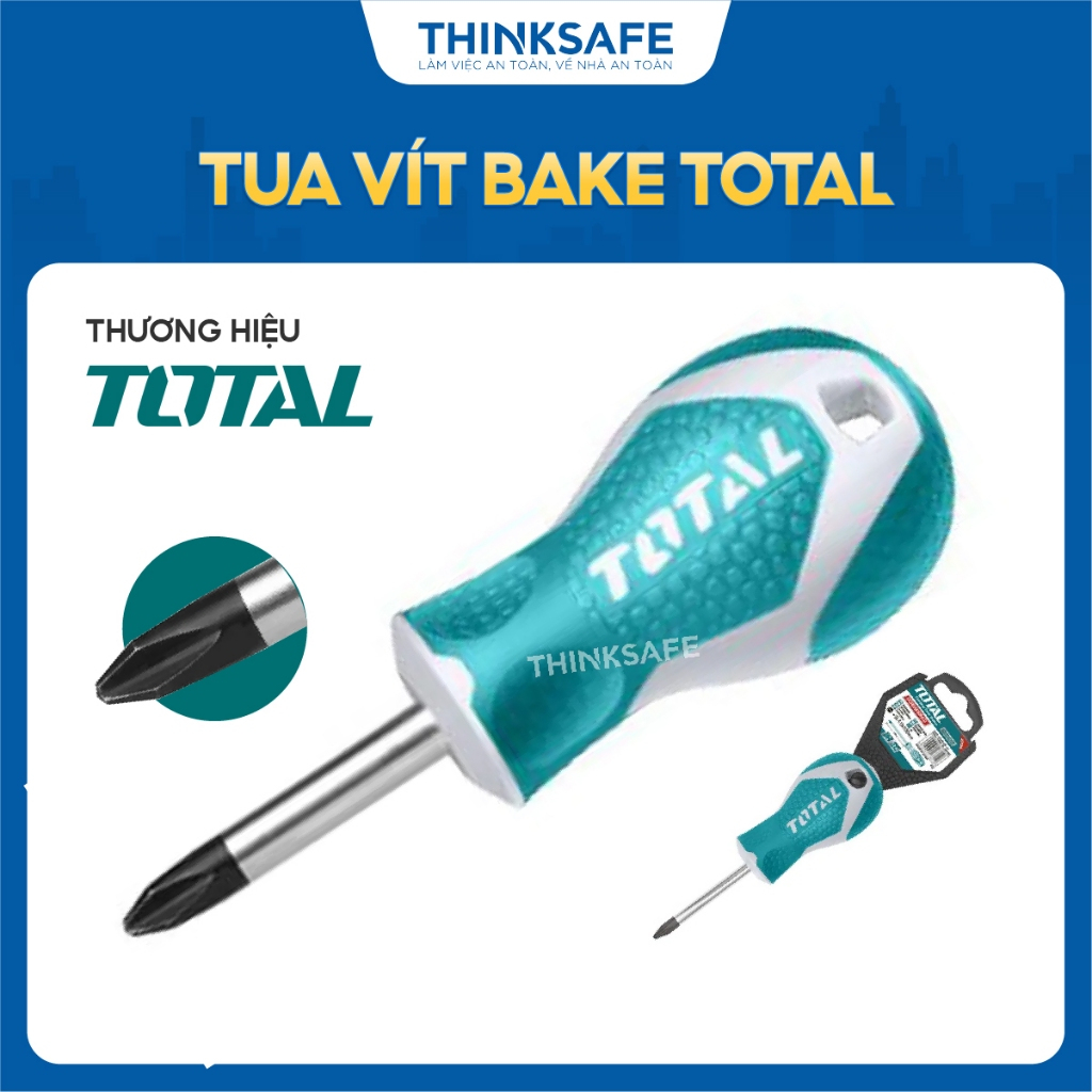Tua vít bake cán cao su Total PH2 PH3, dài 38mm - 200mm, đuôi tròn, chất liệu thép Crv, Tô Vít chính hãng - Thinksafe