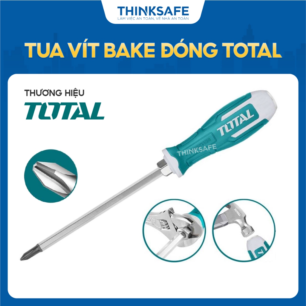 Tua vít bake đóng PH2, PH3 Total dài 200mm, chuôi tròn, chất liệu thép S2 đuôi lục giác Tô vít chính hãng - Thinksafe