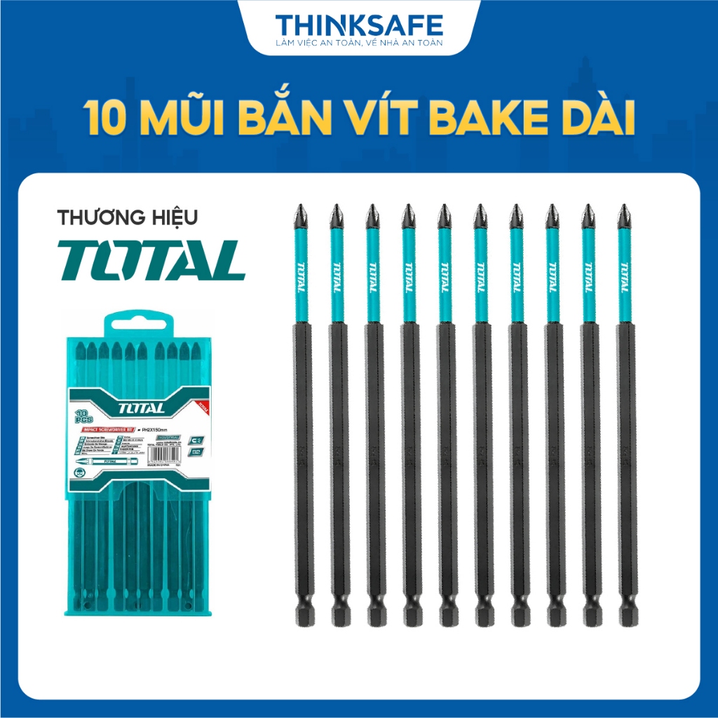 Bộ 10 mũi bắt vít bake PH1 Total, mũi dài 150-250mm bề mặt màu đen có nam châm chất liệu thép công nghiệp S2 - Thinksafe