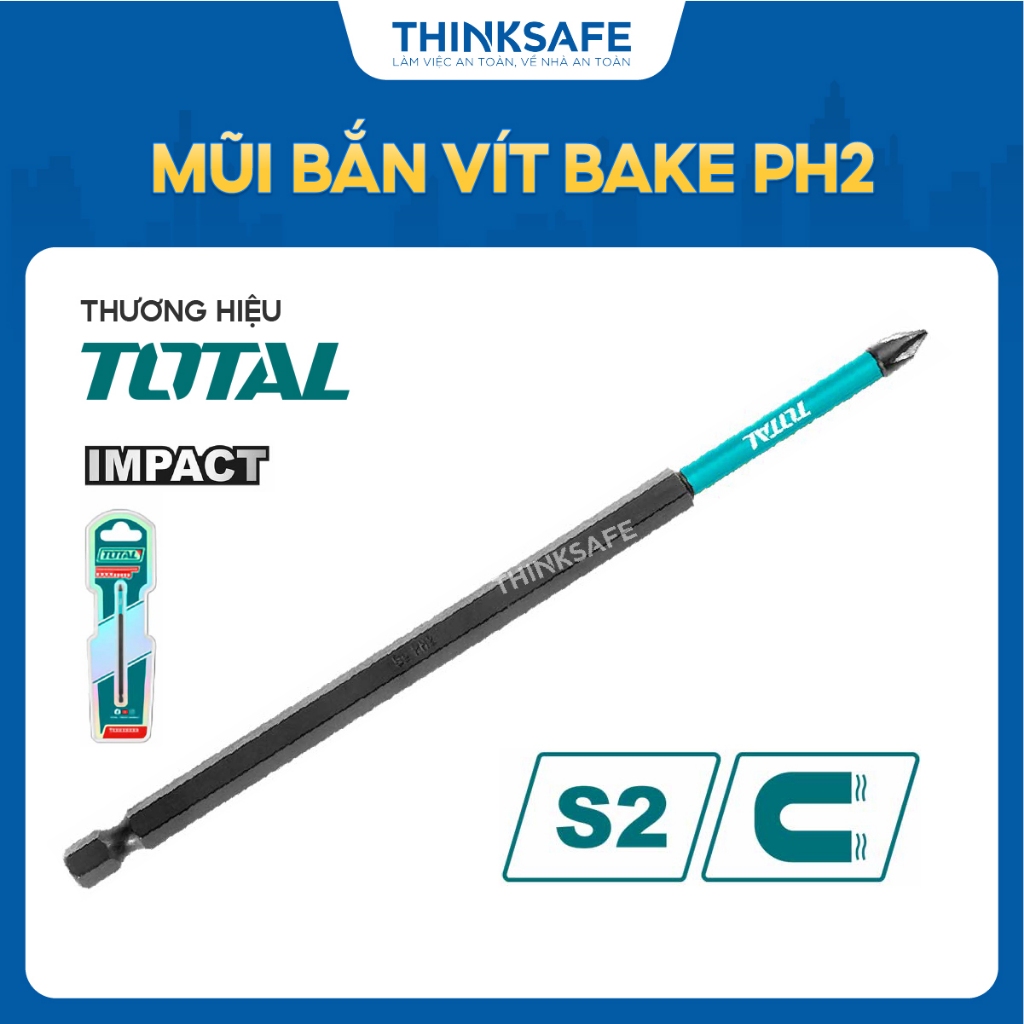 Mũi bắt vít bake PH2 Total kích thước 100 - 250mm, chất liệu thép công nghiệp S2, Bề mặt màu đen có nam châm - Thinksafe