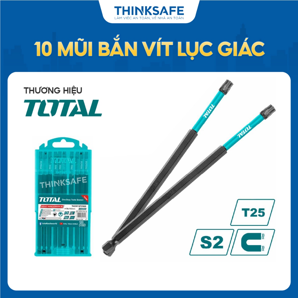 Bộ 10 mũi bắt vít lục giác sao T25 Total dài 150mm-250mm, chất liệu thép công nghiệp S2, Mũi bắn vít từ tính - Thinksafe