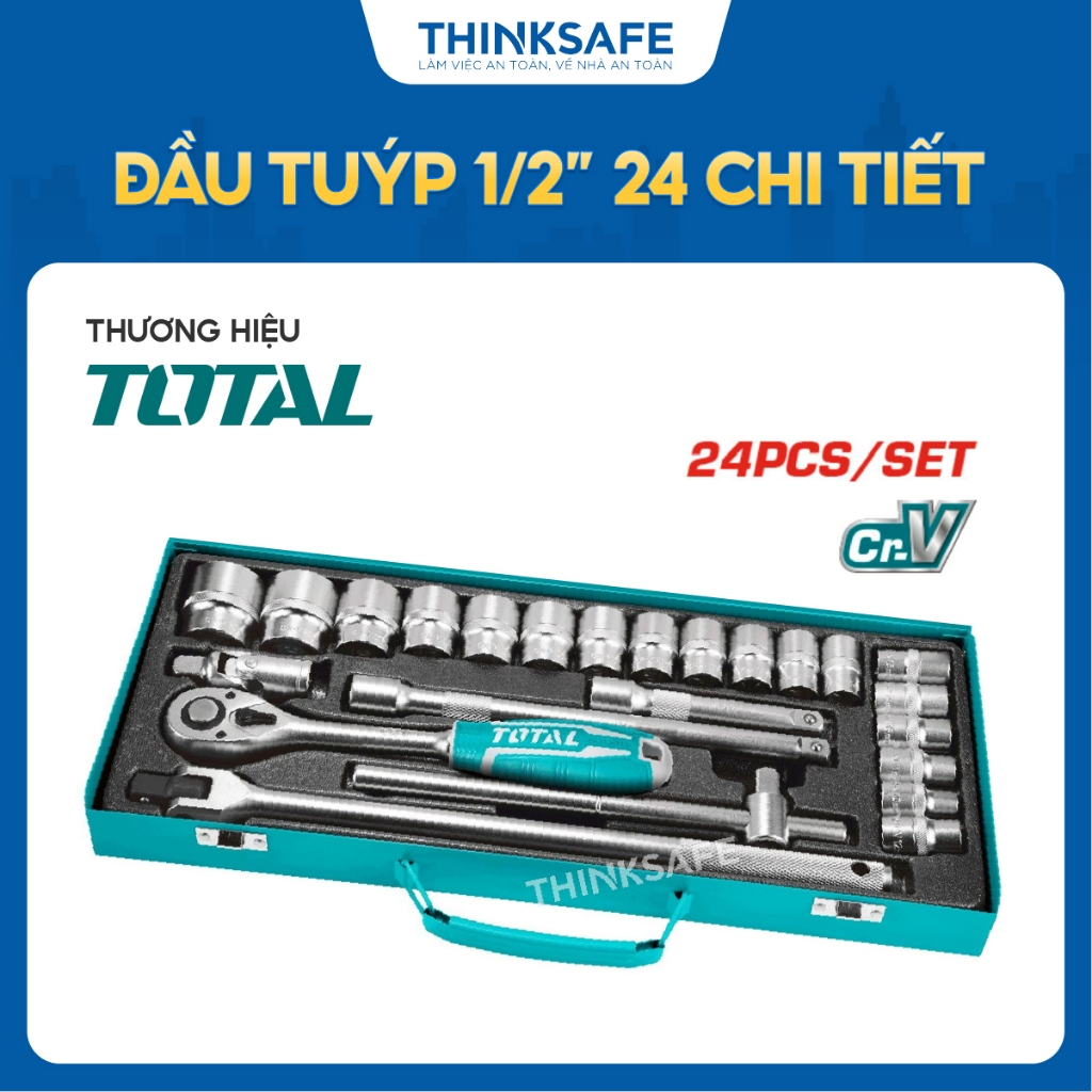 Bộ đầu tuýp 1/2 inch 24 chi tiết Total THT121242 đa kích cỡ Tay cầm linh hoạt 375mm thanh trượt T, khớp nối - Thinksafe