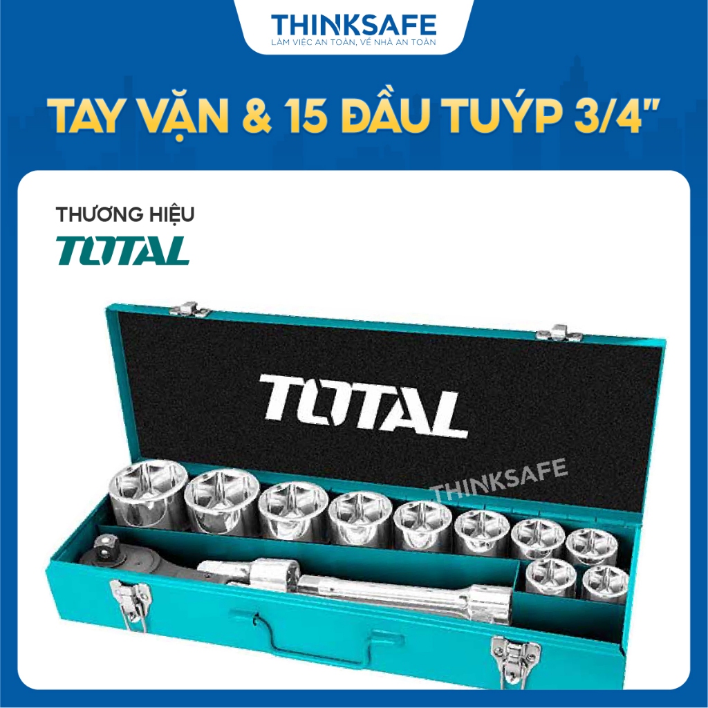 Bộ tay vặn và 15 đầu tuýp 3/4 inch Total THT341151 đa kích cỡ, Chất liệu thép CR-V, chịu nhiệt, Ép đùn lạnh - Thinksafe