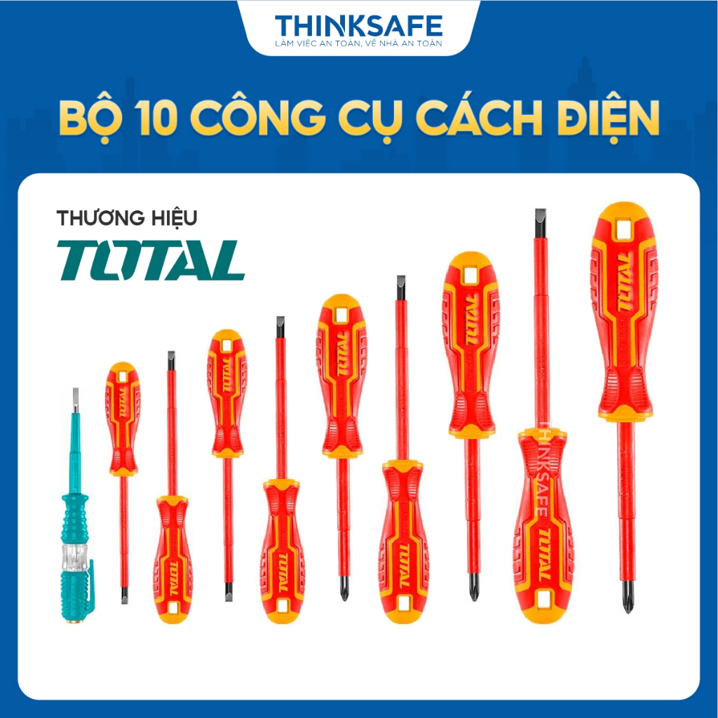 Bộ 10 công cụ cầm tay cách diện TOTAL THKTV02S101 cách điện hợp kim cao cấp dùng mở siết vít an toàn tiện ích- Thinksafe