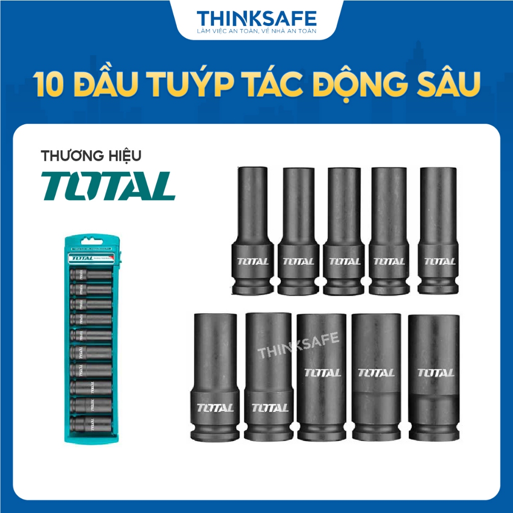 Bộ 10 đầu tuýp tác động sâu Impact DR Total 1/2 inch đa dạng kích cỡ, chất liệu thép CrMo, Chính hãng - Thinksafe