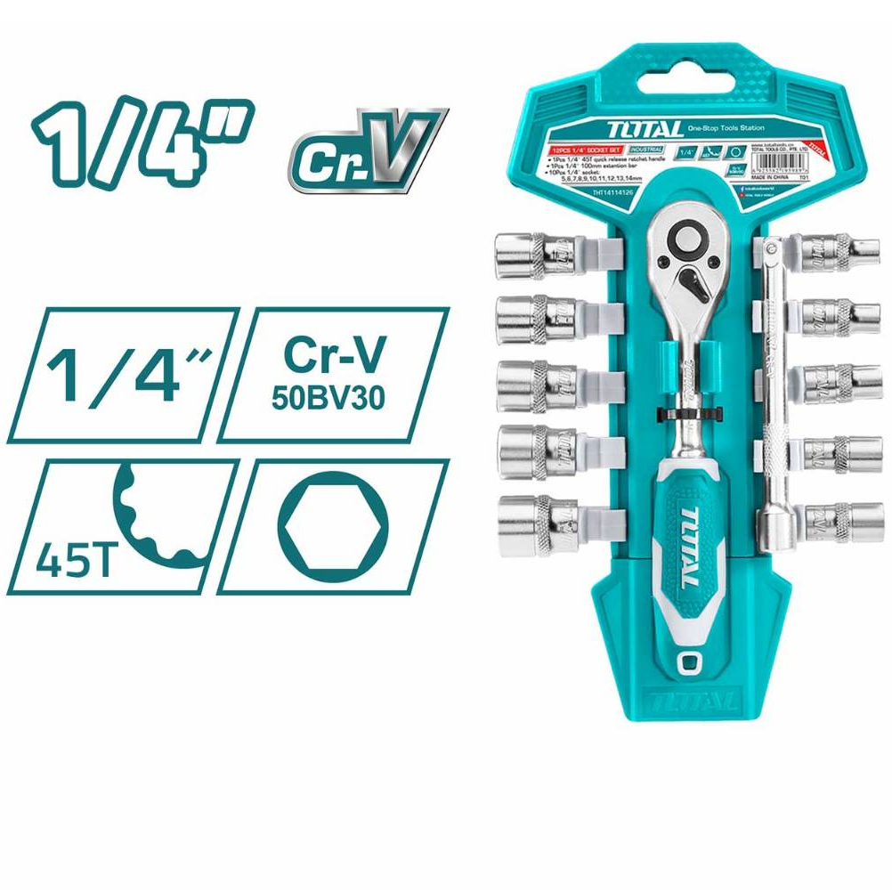 Bộ cần siết lưc 2 chiều và đầu tuýp 12 chi tiết TOTAL, kích thước 1/2 - 1/4 inch, chất liệu thép crv mạ crôm - Thinksafe