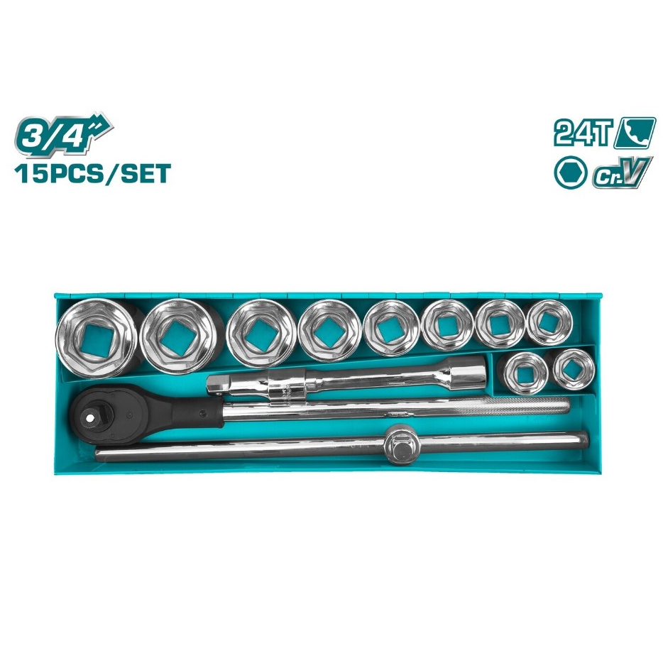 Bộ tay vặn và 15 đầu tuýp 3/4 inch Total THT341151 đa kích cỡ, Chất liệu thép CR-V, chịu nhiệt, Ép đùn lạnh - Thinksafe