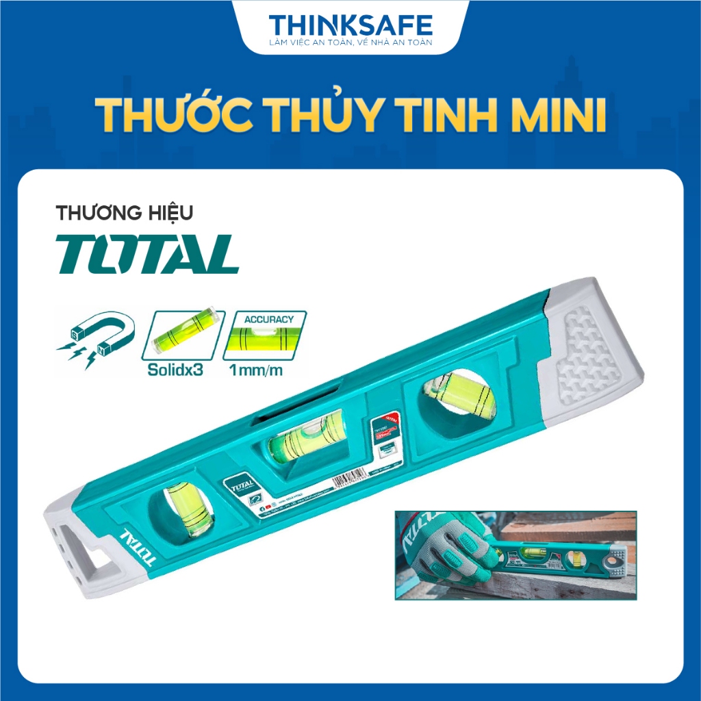 Thước thủy tinh Mini TOTAL TMT2267 chiều dài 225mm, có nam châm hút, 3 mực thủy ngân, nhựa ABS chất lượng cao-Thinksafe