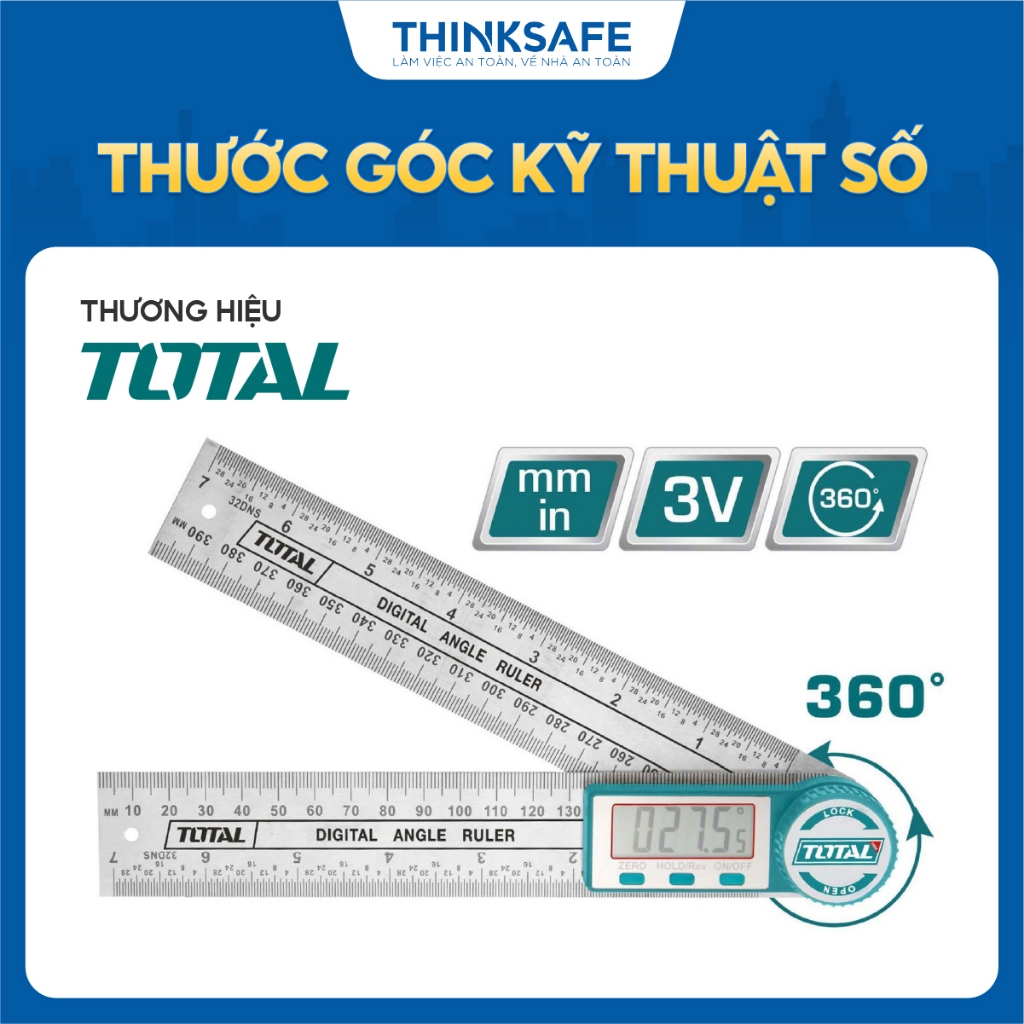 Thước góc kỹ thuật số Total TMT333601 phạm vi đo 0-360°, 0-200mm,0~400mm, Pin 3V chuyển đổi hệ thống mét/inch- Thinksafe