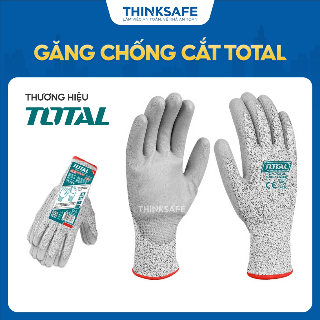 Găng tay chống cắt TOTAL TSP1702-XL cấp độ 5, Lòng bàn tay phủ PU, Vỏ HPPE, chống mài mòn, chống tĩnh điện - Thinksafe