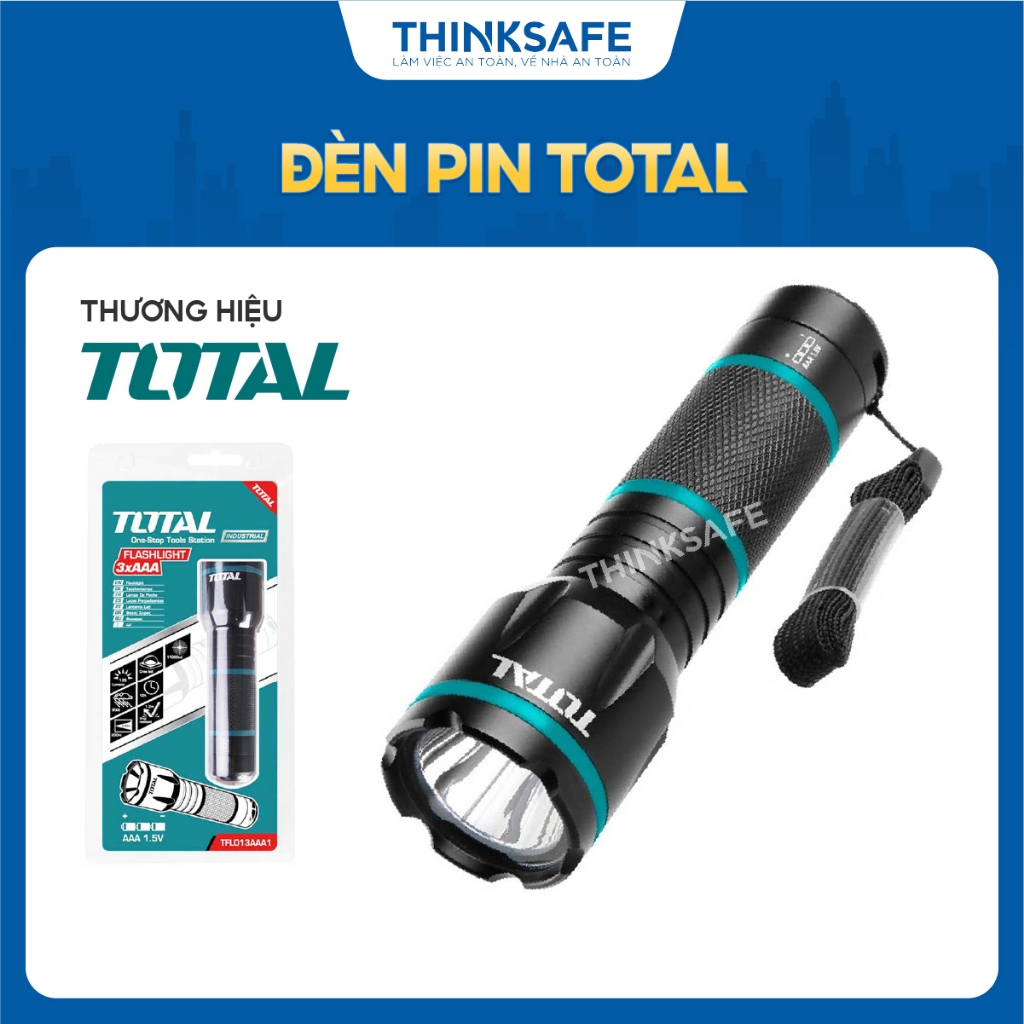 Đèn Pin TOTAL TFL013AAA1-TCFL186501, vỏ hợp kim nhôm siêu bền, chiếu sáng 4h-8h, Đèn chiếu sáng chính hãng - Thinksafe