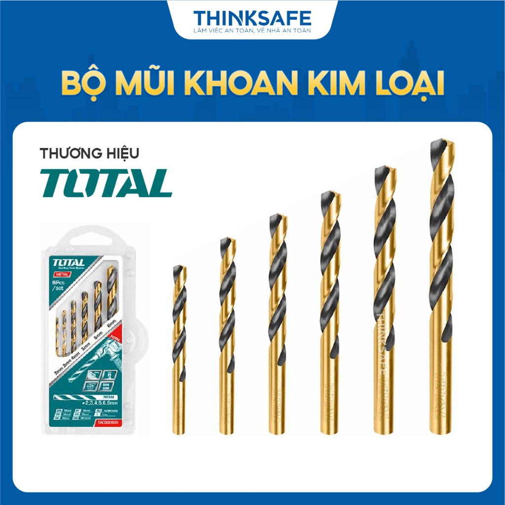 Bộ 6 - 19 mũi khoan kim loại đuôi trơn Total, chuyên dùng khoan kim loại, kích thước 2mm - 10mm, chính hãng - Thinksafe