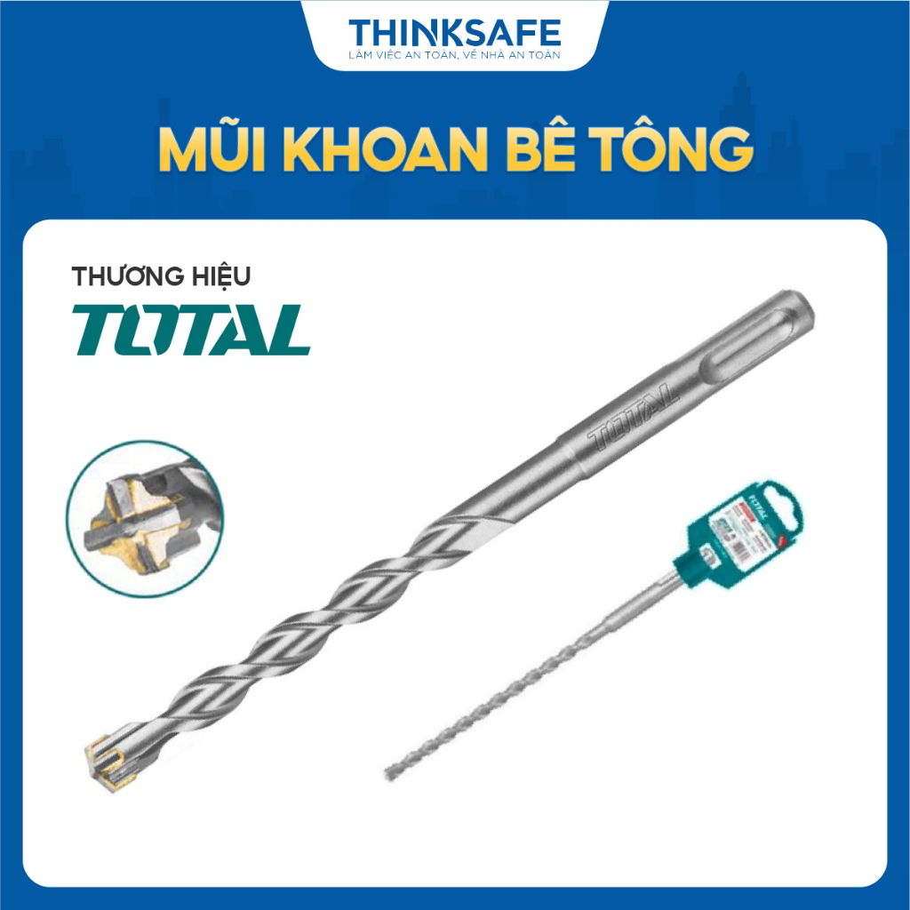 Mũi Khoan Bê Tông Bốn Cạnh Total 16X260mm-25X 260mm, Đầu cacbua chất lượng cao, Thép hợp kim mạ Crom - Thinksafe