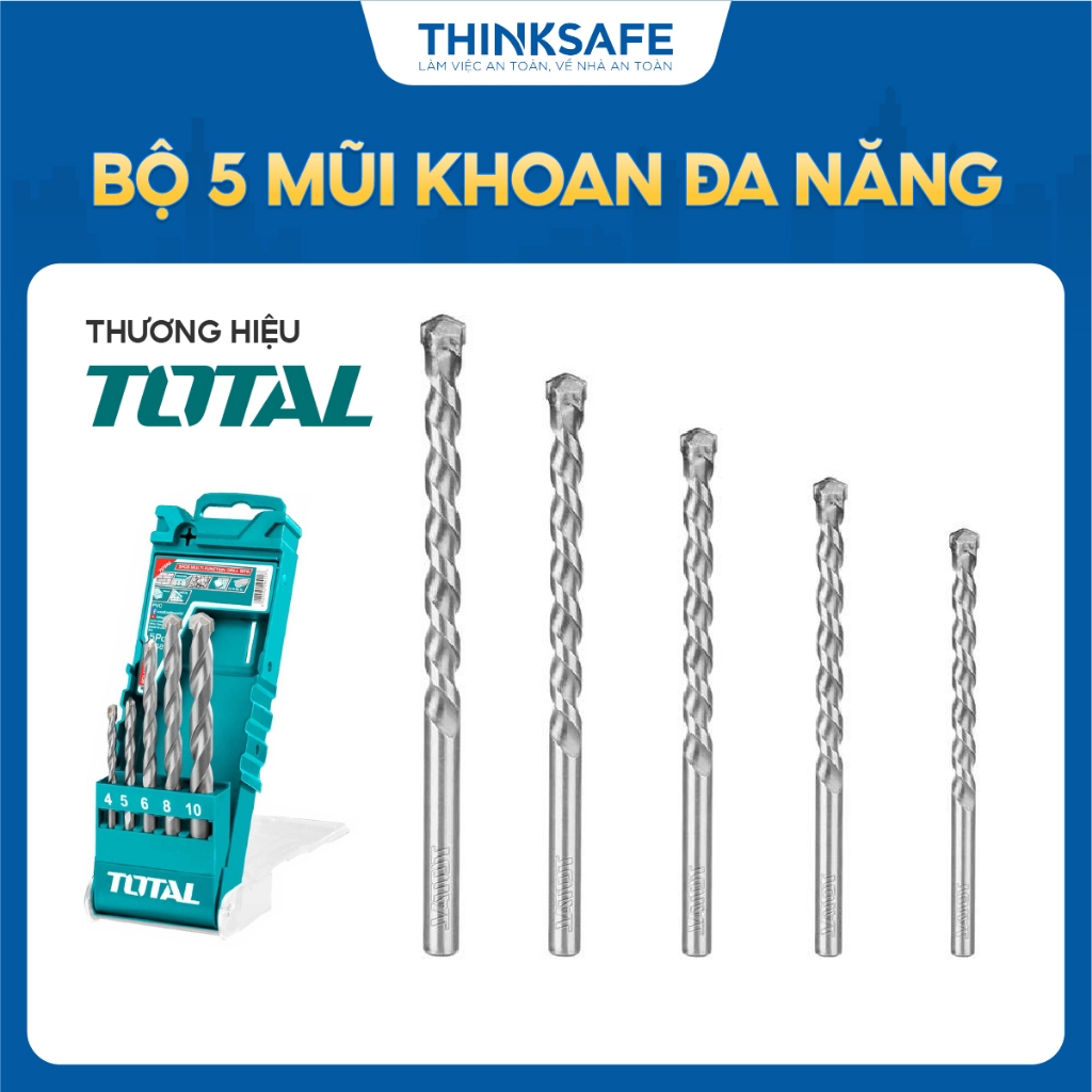 Bộ 5 mũi khoan đa năng Total TACSD7156, với 5 chi tiết, mũi khoan dùng khoan tường, bê tông, gạch, sắt, gỗ - Thinksafe