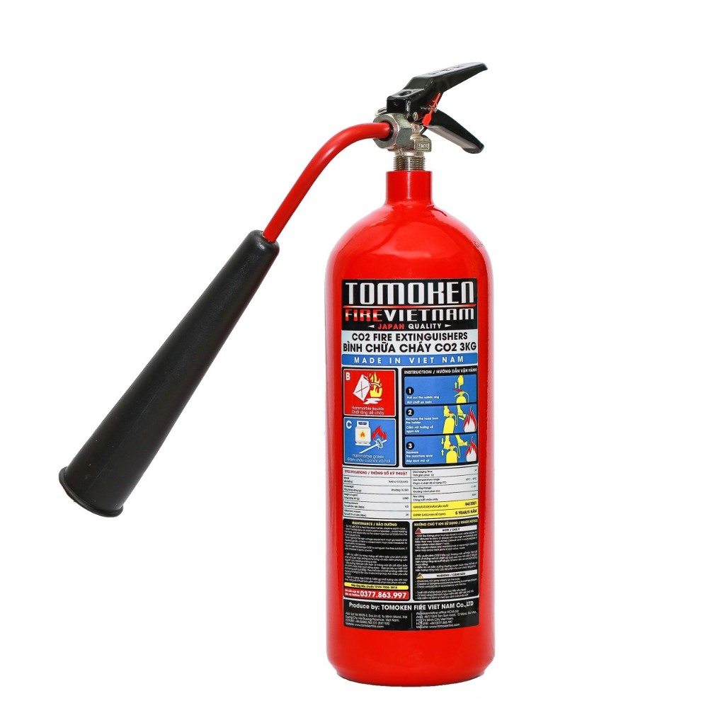 Bình chữa cháy Co2 3KG - 5KG TOMOKEN sản xuất tại Việt Nam có tem kiểm định, Bình cứu hoả chính hãng - Thinksafe