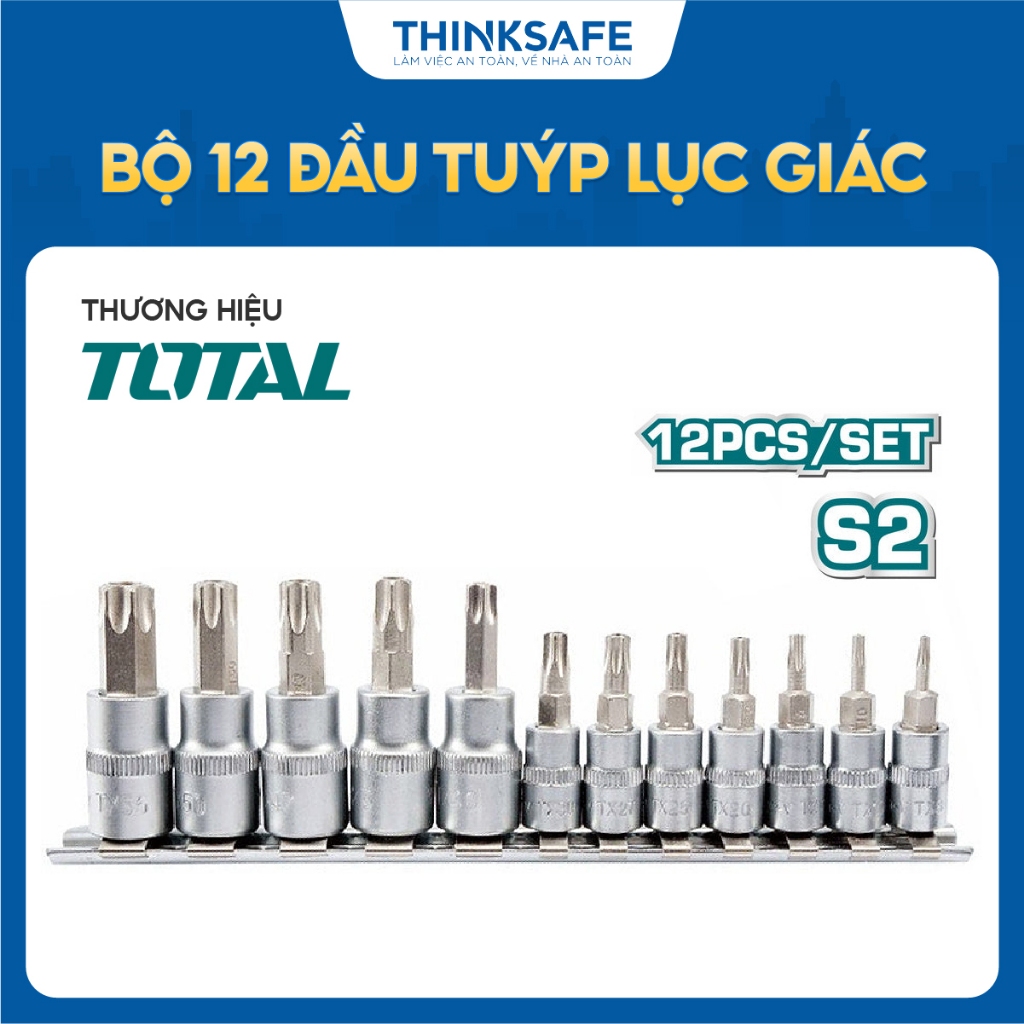Bộ 12 đầu tuýp lục giác bông sao Total THT1438121, chất liệu S2 -50BV30, xử lý nhiệt mạ crôm, chính hãng - Thinksafe