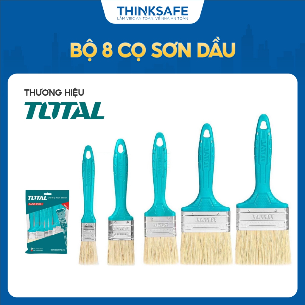 Bộ 8 cọ sơn dầu TOTAL THT8450801 2 cọ 1inch, 2 cọ 1.5inch, 2 cọ 2inch, 1 cọ 3inch, 1 cọ 4inch, tay cầm nhựa Thinksafe