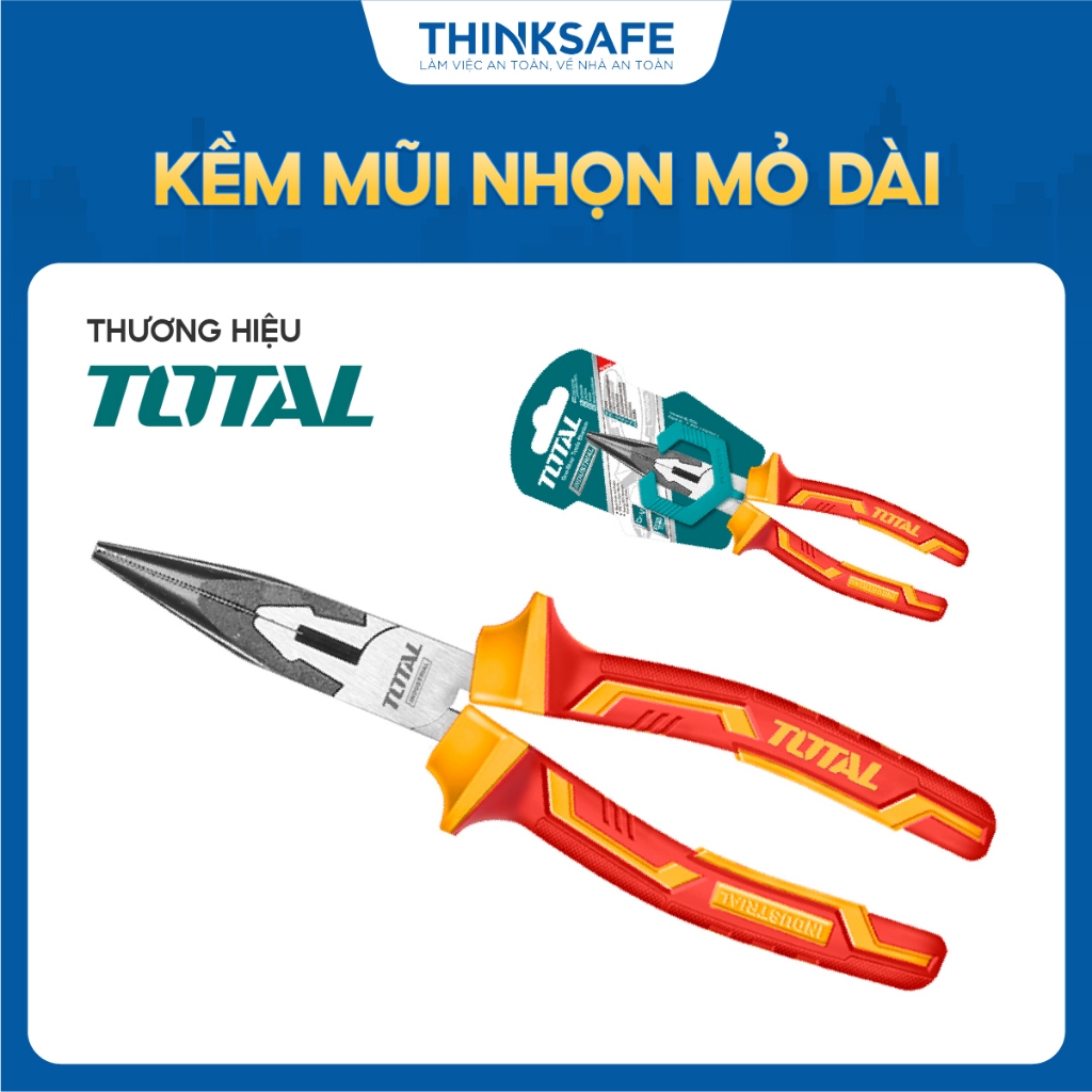 Kềm mũi nhọn mỏ dài - mỏ cong cách điện Total, kích thước 8 inch / 200mm, Tay cầm cách điện lên đến 1000V-Thinksafe