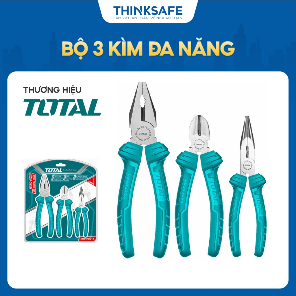 Bộ 3 kềm răng, cắt và mũi nhọn Total THT1K0311, đầu kềm được đánh bóng và chống gỉ, tay cầm một màu, chính hãng-Thinksafe