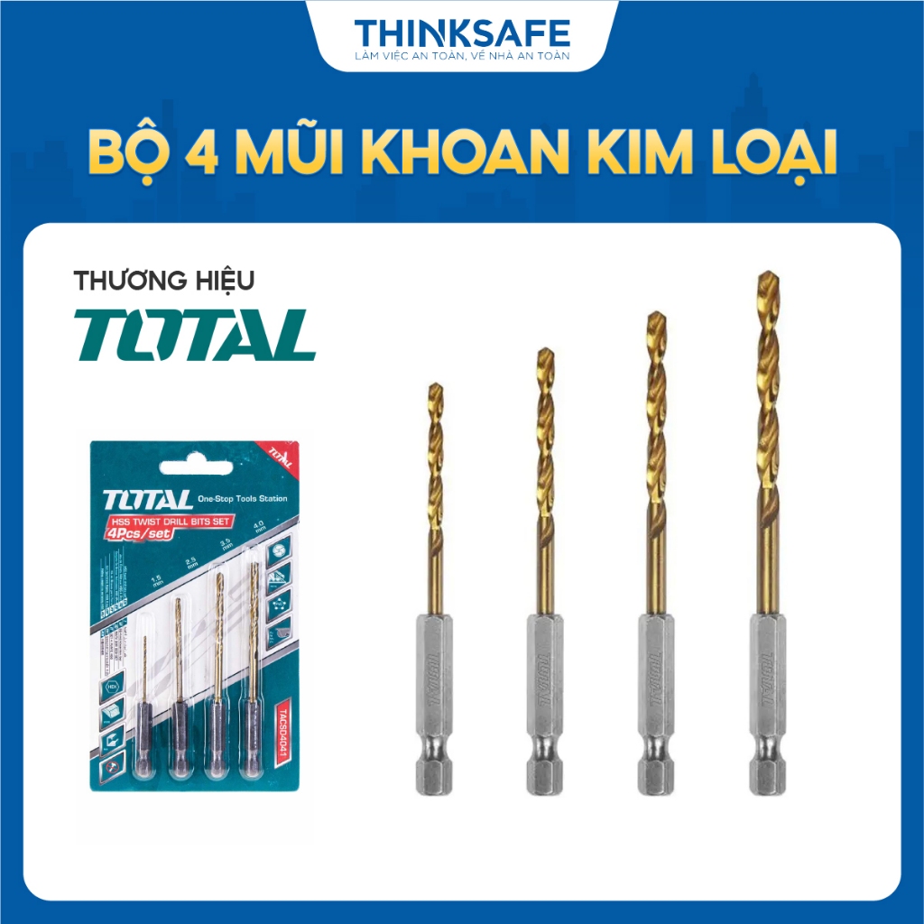 Bộ 4 mũi khoan kim loại đuôi gài Total TACSD4041, kích thước 1.5 - 4.0mm, mũi khoan đuôi lục giác 4 chi tiết - Thinksafe