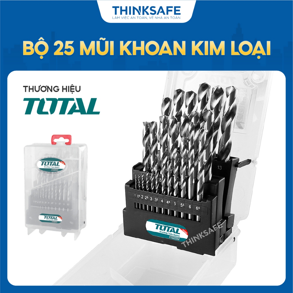 Bộ 25 mũi khoan kim loại chất liệu thép M2 đuôi trơn Total, chuyên dùng khoan kim loại kích thước 1mm - 13mm - Thinksafe