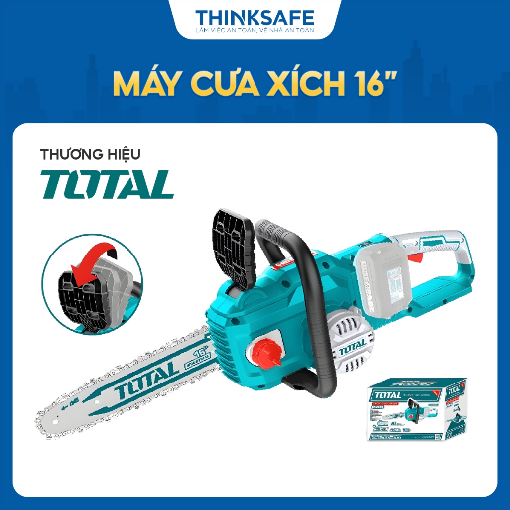 Máy cưa xích 16 inch dùng pin 20V TOTAL, động cơ không chổi than, tốc độ xích 14,5m/s, thanh cưa 16 inch - Thinksafe