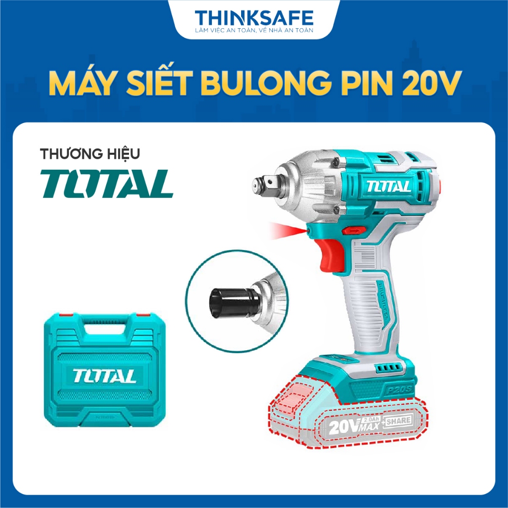 Máy siết bulong Pin Total 20V đầu siết vuông 1/2, Mô tơ không chổi than Mô-men xoắn 300Nm - 850Nm chính hãng Thinksafe