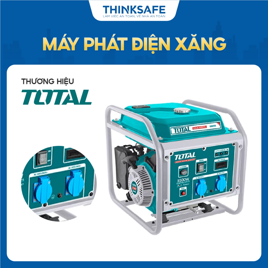 Máy phát điện dùng xăng biến tần 3500W TOTAL TP340001, bình xăng 12L, động cơ xi lanh đơn 4 thì, mô tơ đồng - Thinksafe