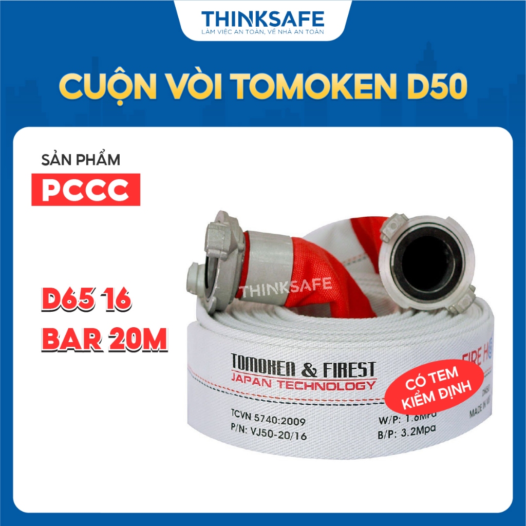 Cuộn Vòi Tomoken D50 - D65 16 bar 20m xuất xứ Việt Nam, có tem kiểm định, trong lót cao su ngoài sợi Polyester-Thinksa