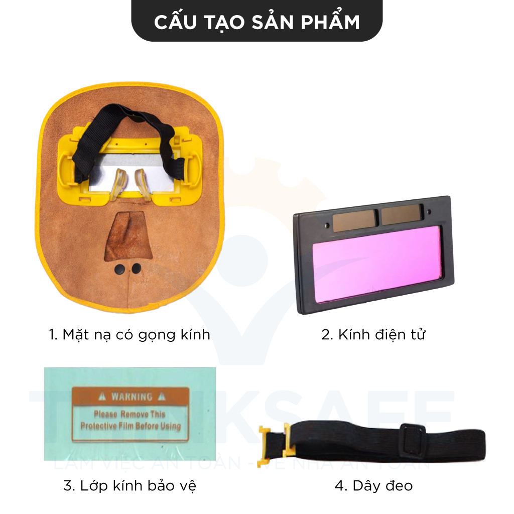 Mặt nạ hàn điện tử, da bò thật, chống cháy kính hàn điện tử tự động, bảo vệ mặt khi hàn, an toàn, tiện ích  - THINKSAFE